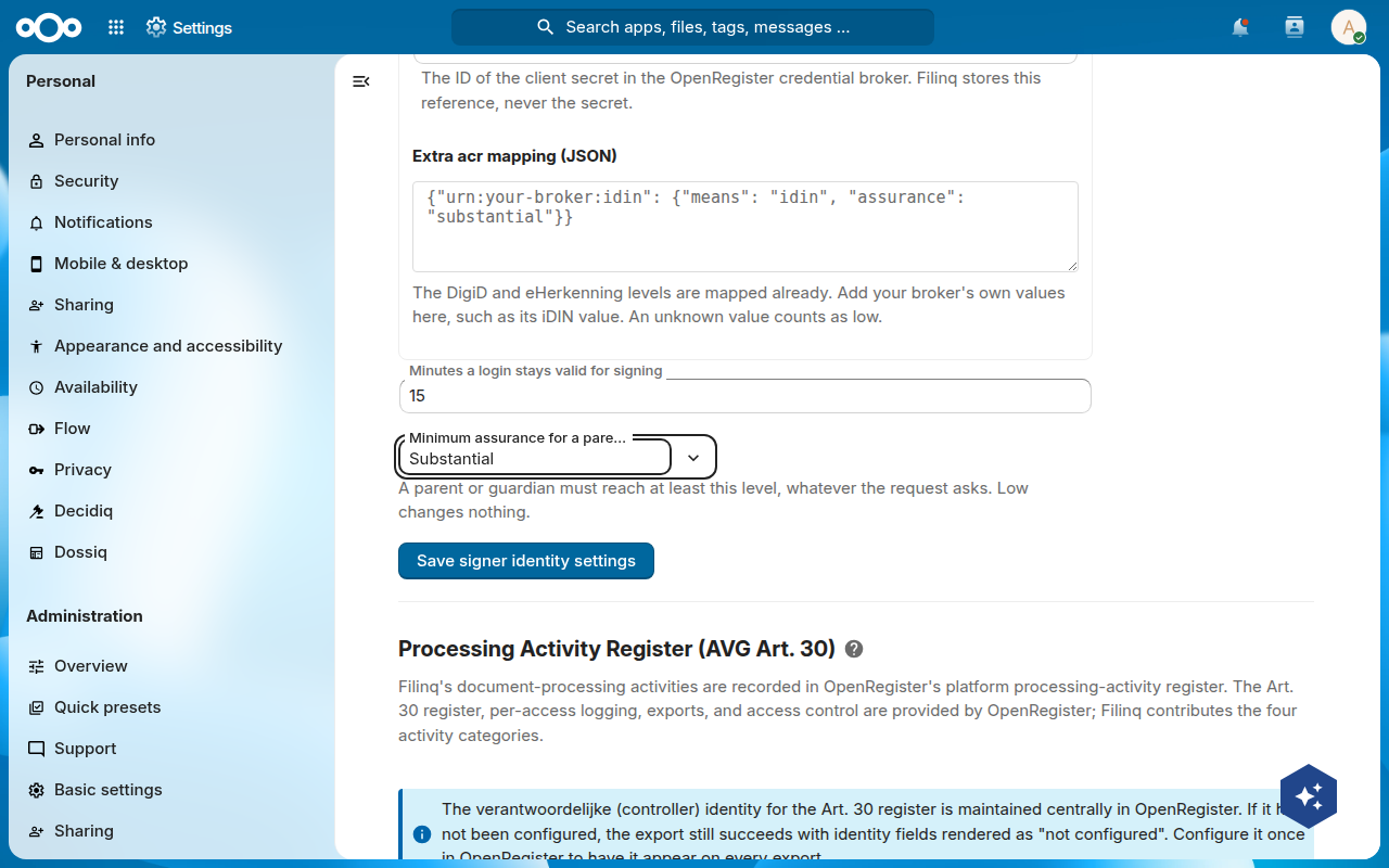 The signer identity settings with the guardian minimum set to substantial