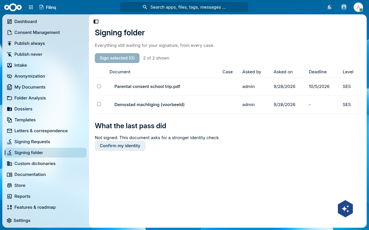 The signing folder after a pass: the document asks for a stronger identity check