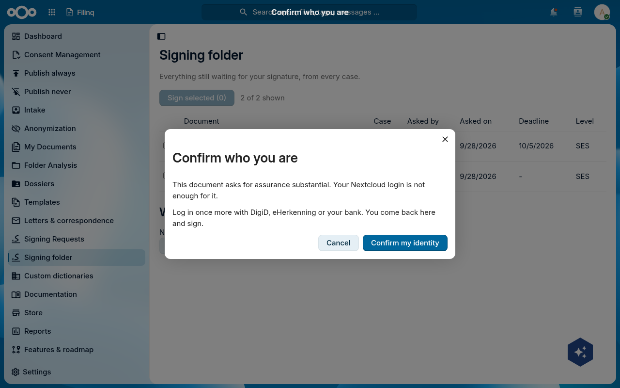 The dialog that sends the signer to the identity broker